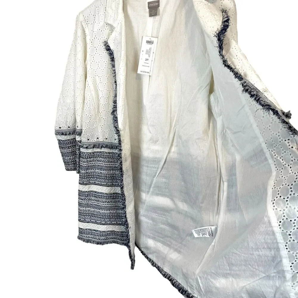 Chico's Eyelet Topper Jacket Embellished Cotton Linen White Blue SZ 12 P NWT